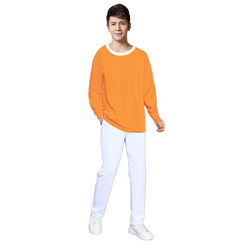 Long sleeve orange shirt + white pants
